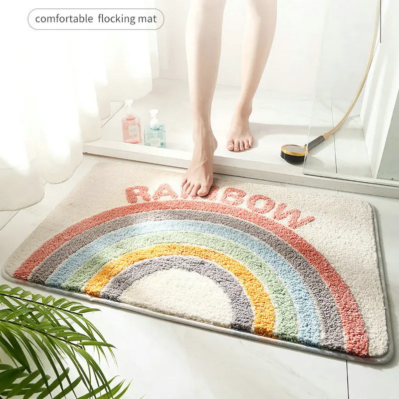 

Rainbow Bath Mat Super Soft Flocking Carpet Non-slip Absorbent Bathroom Floor Mat Home Decor Rug Doorway Kitchen Hallway Doormat