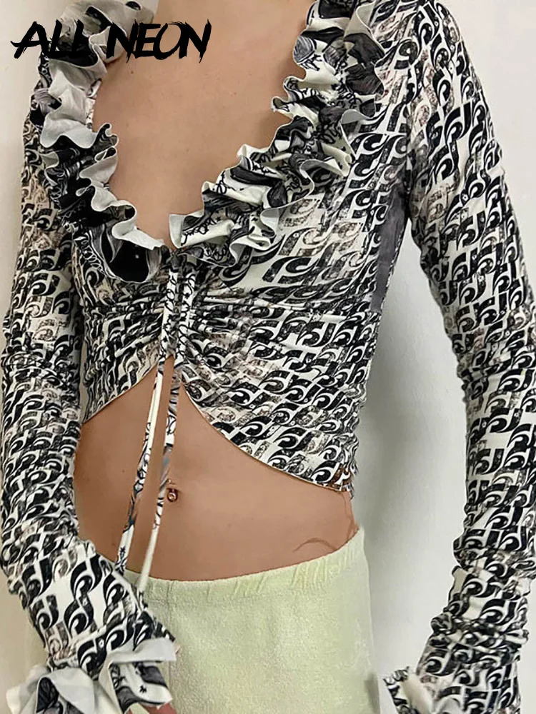 ALLNeon 90s Aesthetics Retro Letter Print Ruffles Trim Drawstring Crop Tops Y2K Vintage Sexy Deep V Bandage Long Sleeve T-shirts
ALLNeon 90s Aesthetics Retro Letter Print Ruffles Trim Drawstring Crop Tops Y2K Vintage Sexy Deep V Bandage Long Sleeve T-shirts