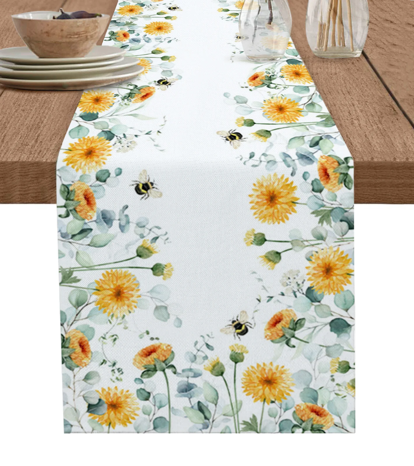 

Idyllic Eucalyptus Yellow Dandelion Table Runner Luxury Kitchen Dining Table Cover Wedding Party Decor Cotton Linen Tablecloth