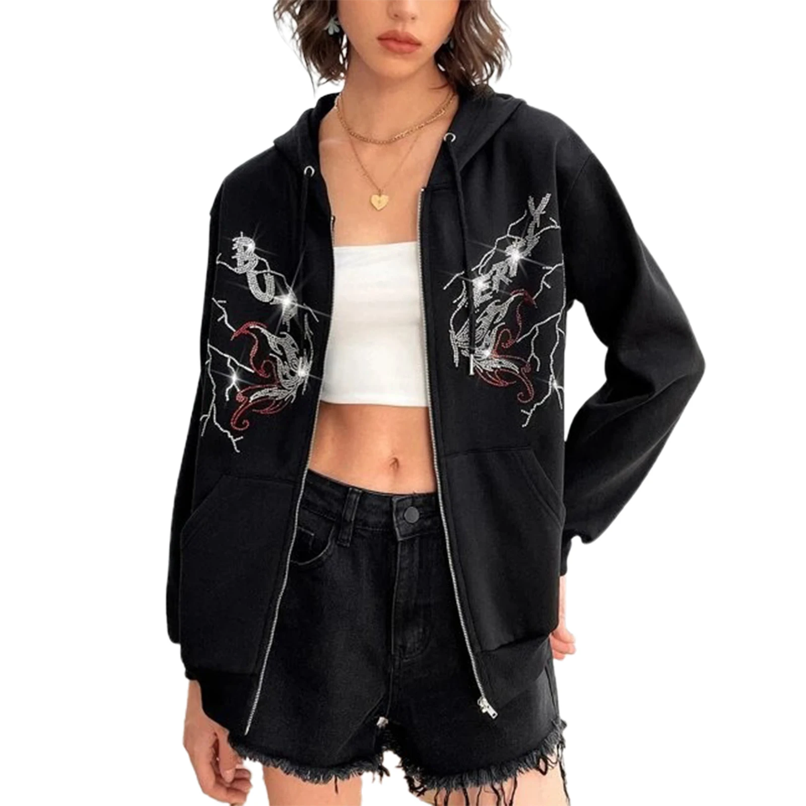 Harajuku Women Hoodie Sweatshirt Casual Rhinestone Skull/ Butterfly Long Sleeve Zip Up Jacket with Pockets Autumn Streetwear
Harajuku Women Hoodie Sweatshirt Casual Rhinestone Skull/ Butterfly Long Sleeve Zip Up Jacket with Pockets Autumn Streetwear