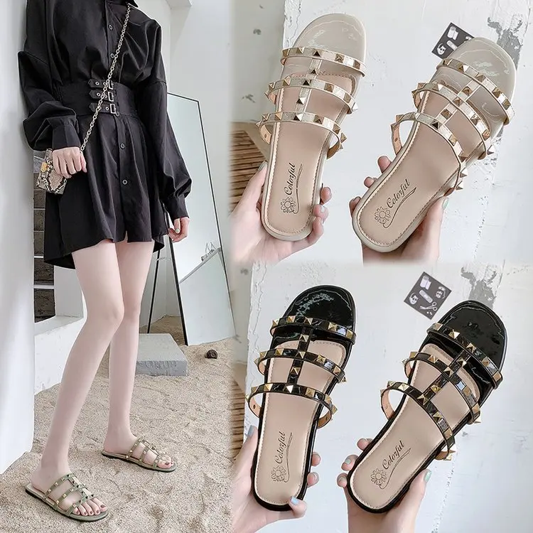 

2022 Summer low heel women rivets sandals thin ribbon fashion Korean design girls shoes large size wear slippers free delivery