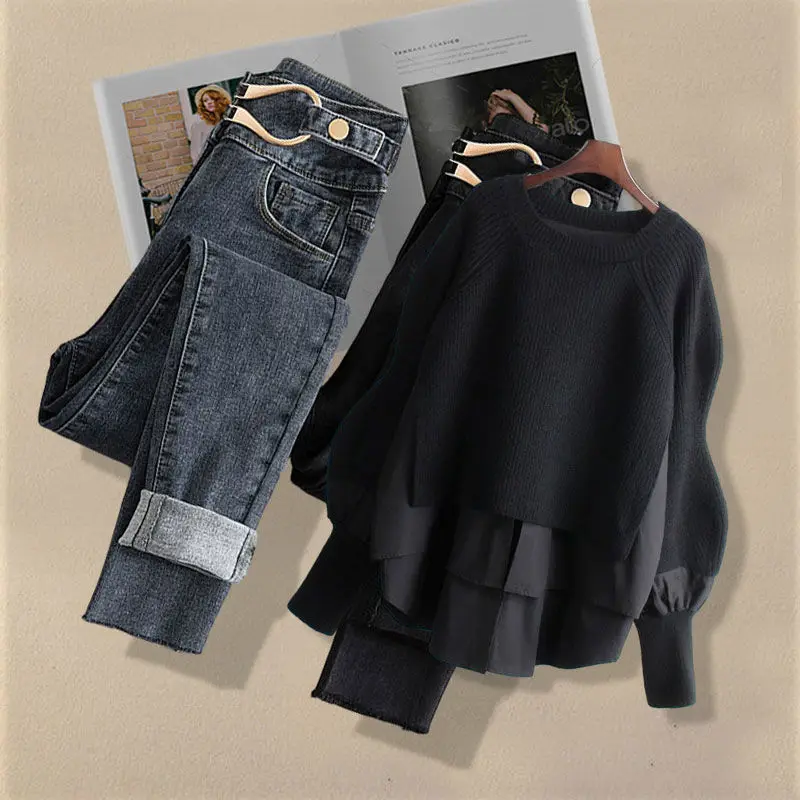 Large Spring and Autumn Women's Suit 2023 New Korean Fashion Fake Two-piece Shirt Top Slim Casual Jeans Two-piece Set
Large Spring and Autumn Women's Suit 2023 New Korean Fashion Fake Two-piece Shirt Top Slim Casual Jeans Two-piece Set