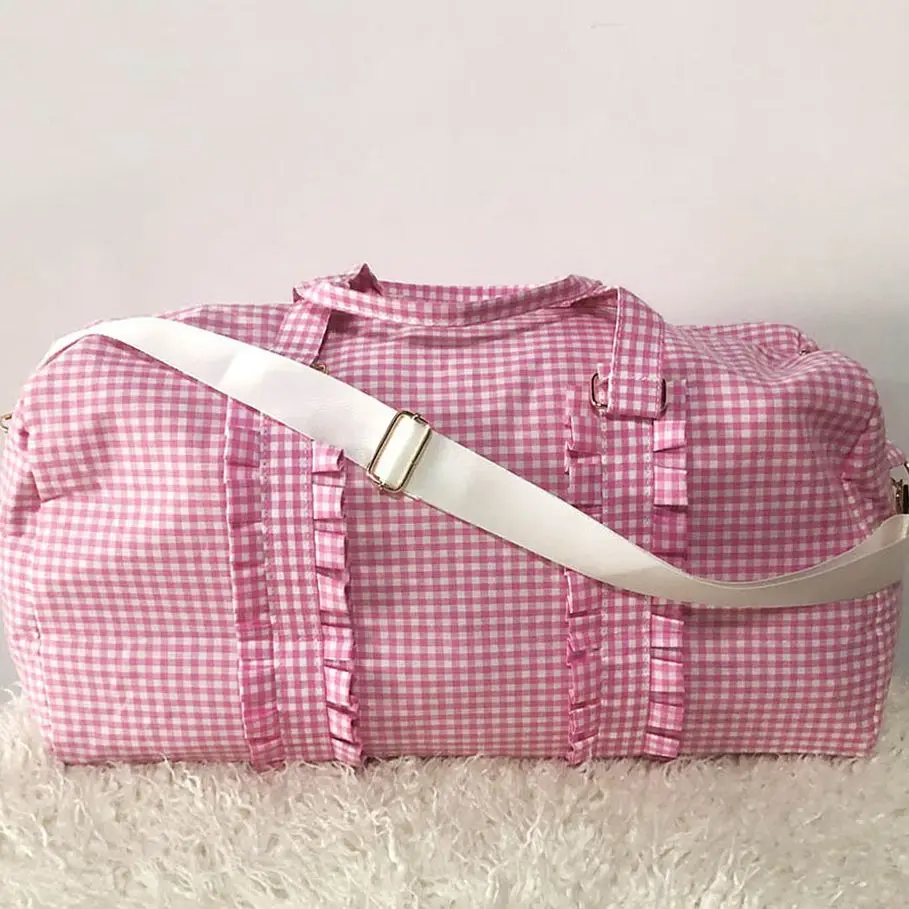 

Women Pink/Purple Plaid Ruffle Duffle Seersucker Large Weekend Travel Bag Personalized Letter Patches For Travel Bag Domil103