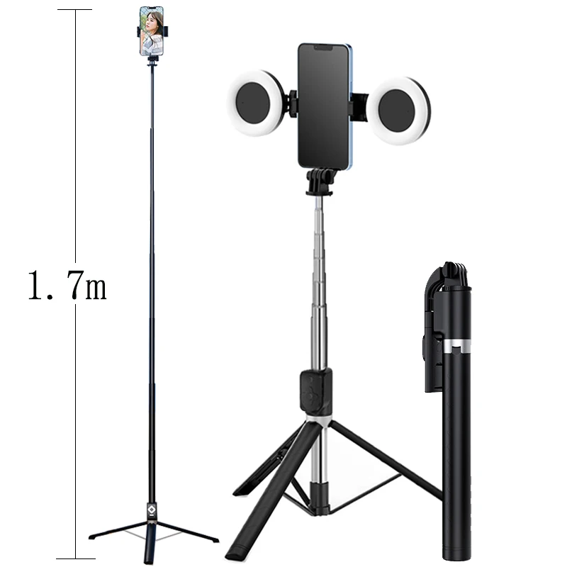 

new 1.7m Extendable live Tripod Selfie Stick LED Ring light Stand 4 in 1 With Monopod Phone Mount for iPhone X 8 11 Android