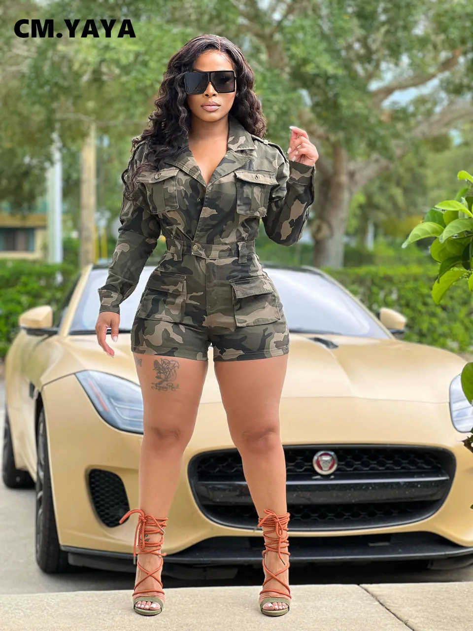 CM.YAYA Elegant Camouflage Button Up Turn-down Neck Lapel Women Camouflage Long Sleeve Romper and Playsuit Streetwear Overall 
CM.YAYA Elegant Camouflage Button Up Turn-down Neck Lapel Women Camouflage Long Sleeve Romper and Playsuit Streetwear Overall