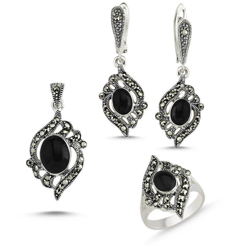 Silver 925 Sterling Marcasite Pendant Earring & Ring Set 
Silver 925 Sterling Marcasite Pendant Earring & Ring Set