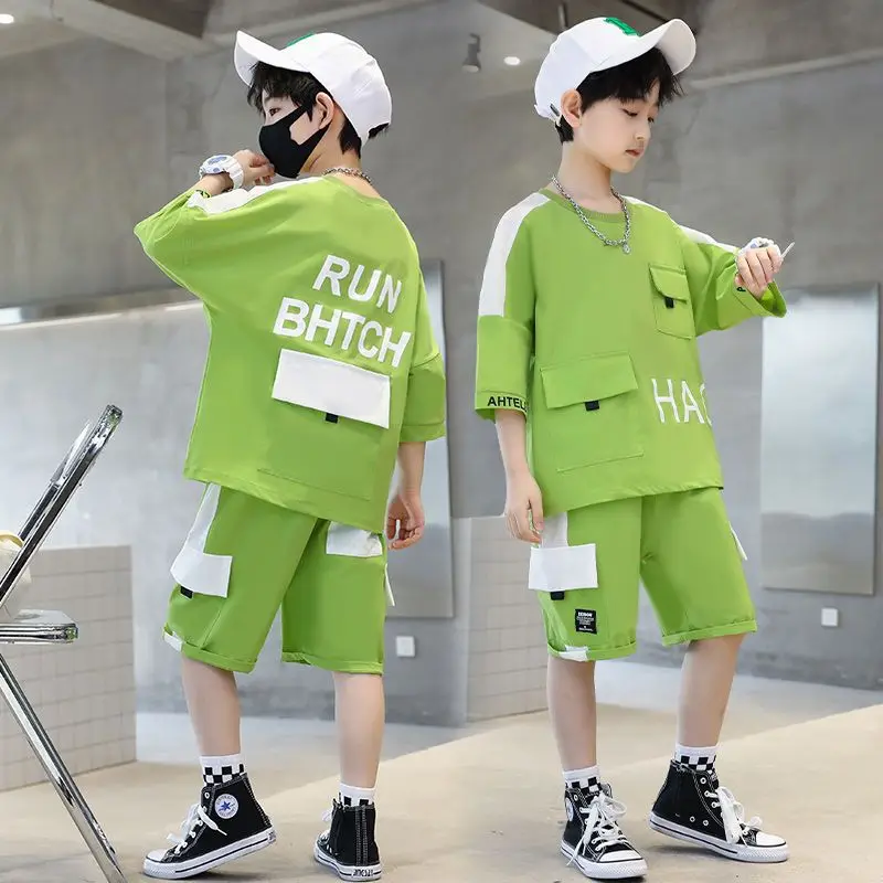 

KOREA 2023 Boys Summer Fashion Cotton Sportswear Kid Boys Suit Baby Hip Hop Short Sleeve + Pants 2piece Children Clothing Set