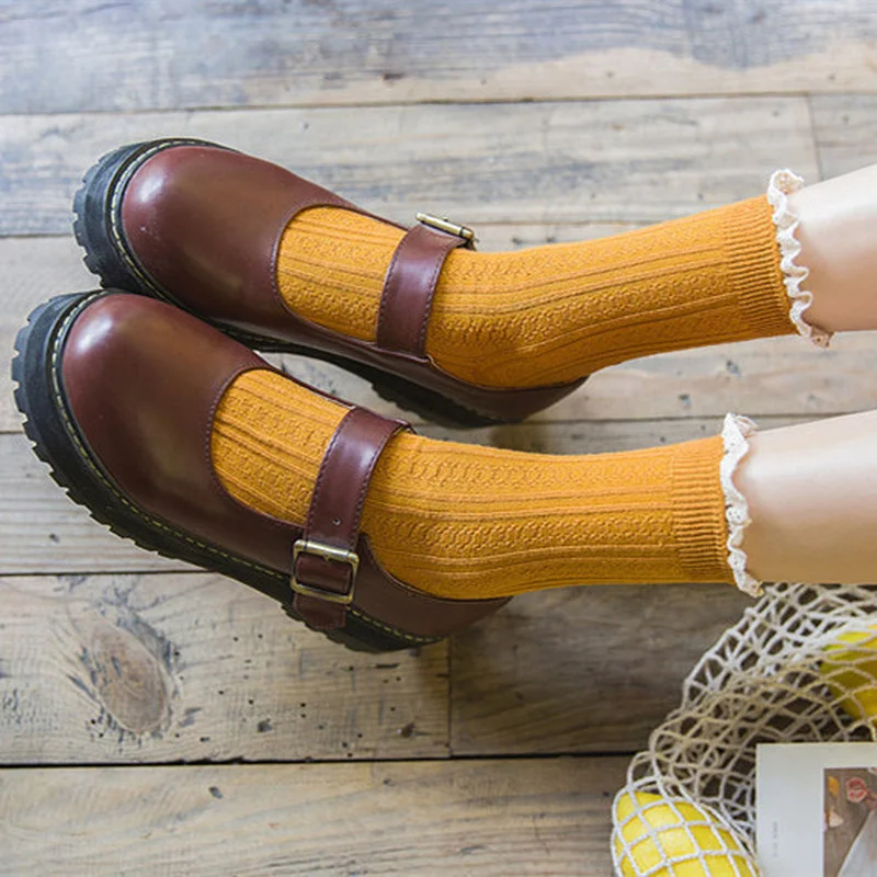 

Мягкие модные милые женские носки в стиле ретро Харадзюку С Рюшами разных цветов однотонные кружевные кавайные хлопковые носки высокого качества для женщин