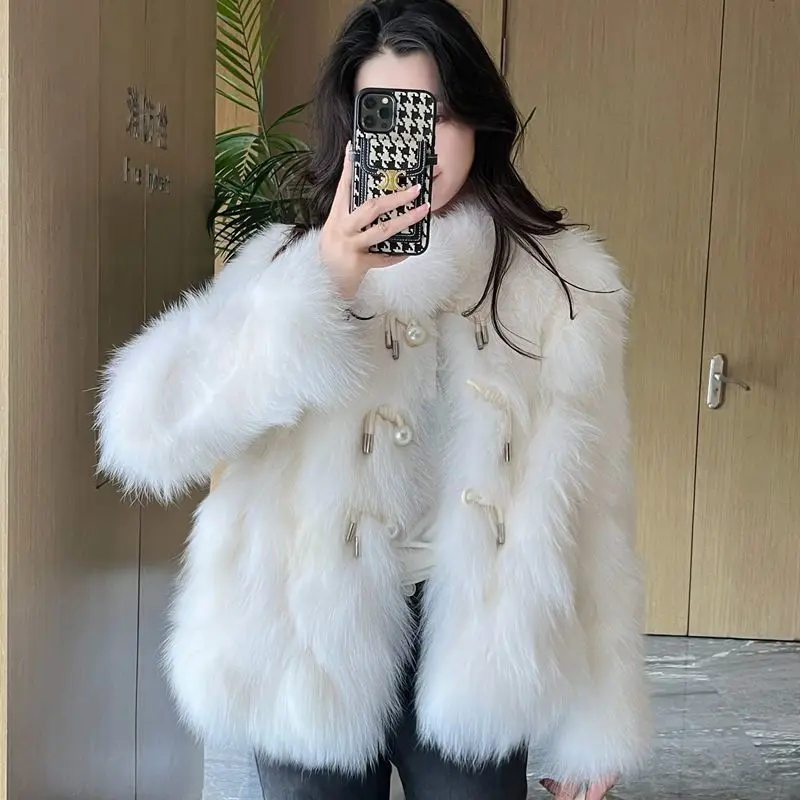 

2023 New Fashion Faux Fur Jacket White Pearl Inlaid Pocket 2023 Autumn Winter Women's Jacket New Slim Slimming Ladies Coat C27