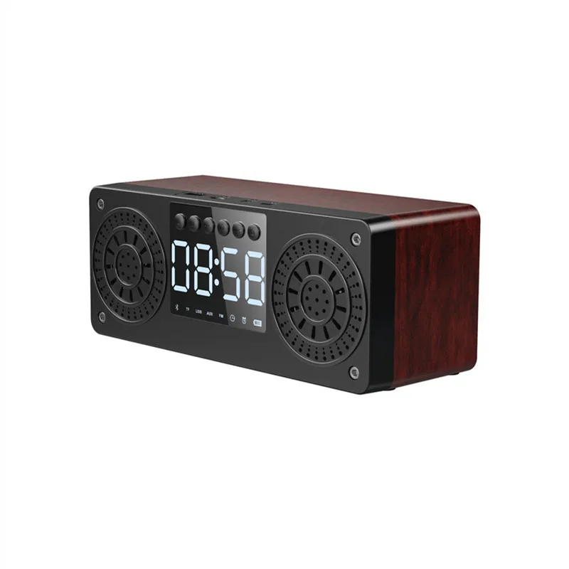 

A10 BT Speaker Multifunction Alarm Clock Wooden Wireless Speakers with FM Radio Bluetooth Speaker Support TF and USB Disk