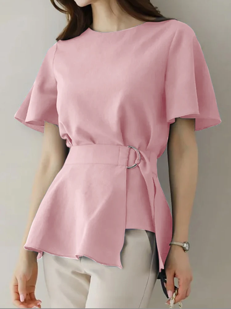 

ZANZEA Fashion Tops Women Belted Wrap Blouse Elegant Ruffled Peplum Tunics 2023 Summer Korean Style Casual Short Sleeve Blusas