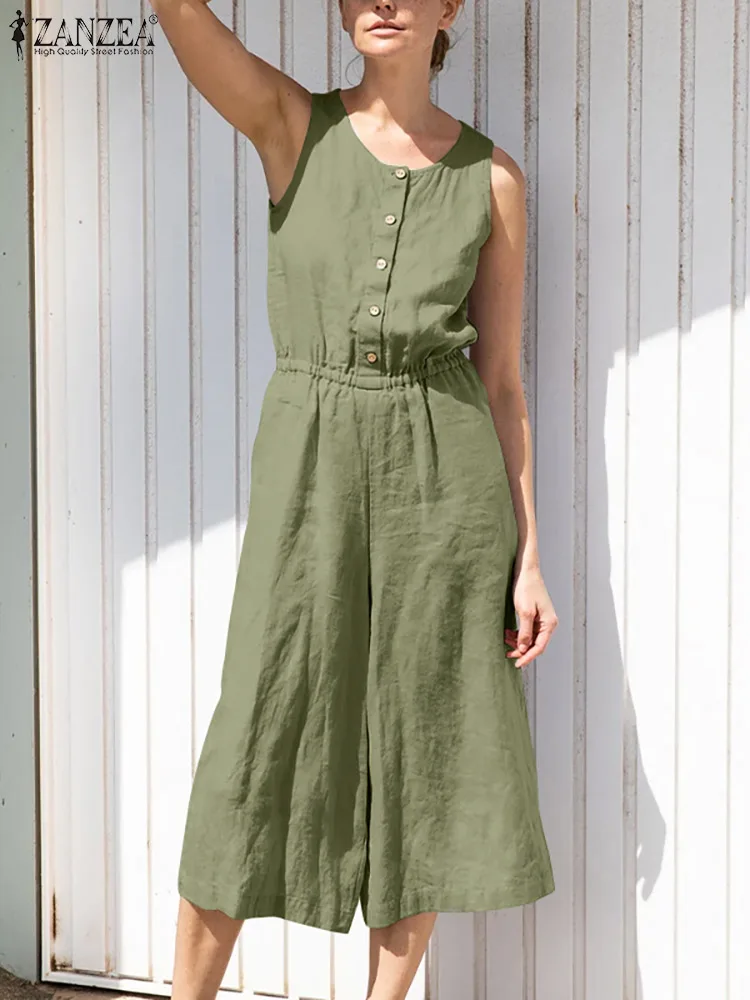 ZANZEA Fashion Vintage Elastic Waist Button Overall Playsuits Summer Loose Solid Women Jumpsuits Sleeveless O Neck Cotton Romper
ZANZEA Fashion Vintage Elastic Waist Button Overall Playsuits Summer Loose Solid Women Jumpsuits Sleeveless O Neck Cotton Romper