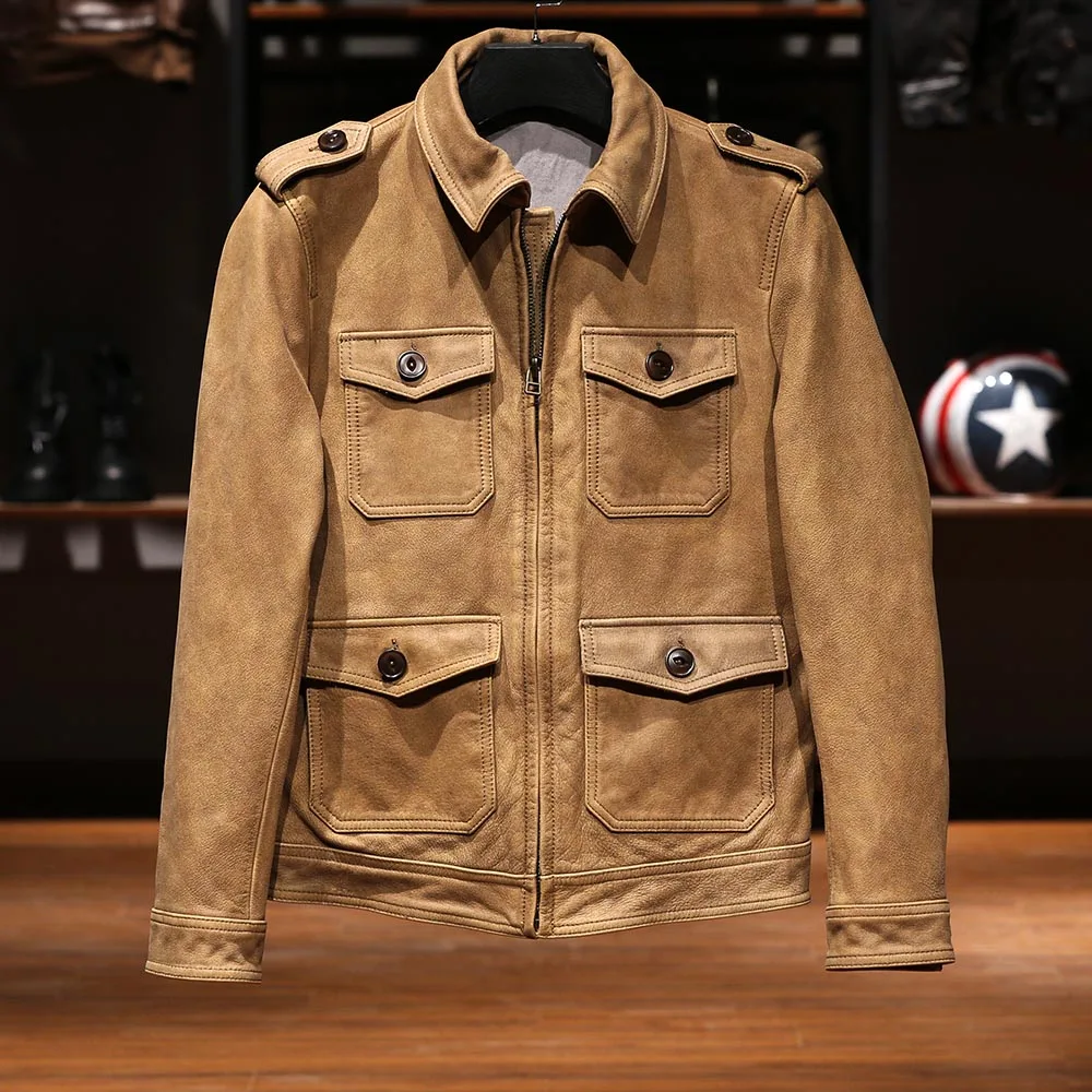 Spring autumn season men's retro old stonewashed Ameka Kiri M65Real leather garment lapel cracked yellow cow leather jacket
Spring autumn season men's retro old stonewashed Ameka Kiri M65Real leather garment lapel cracked yellow cow leather jacket