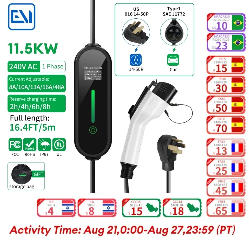 EV Charger Fast Charger Type1 J1772 Wallbox Cable Portable Electric Car Devices 11.5KW 48A Adjustable Current For Electric Car
EV Charger Fast Charger Type1 J1772 Wallbox Cable Portable Electric Car Devices 11.5KW 48A Adjustable Current For Electric Car