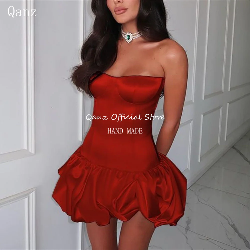 Qanz Red Modern Prom Dresses Короткие мини-оборки Атласный корсет сзади Коктейльные платья