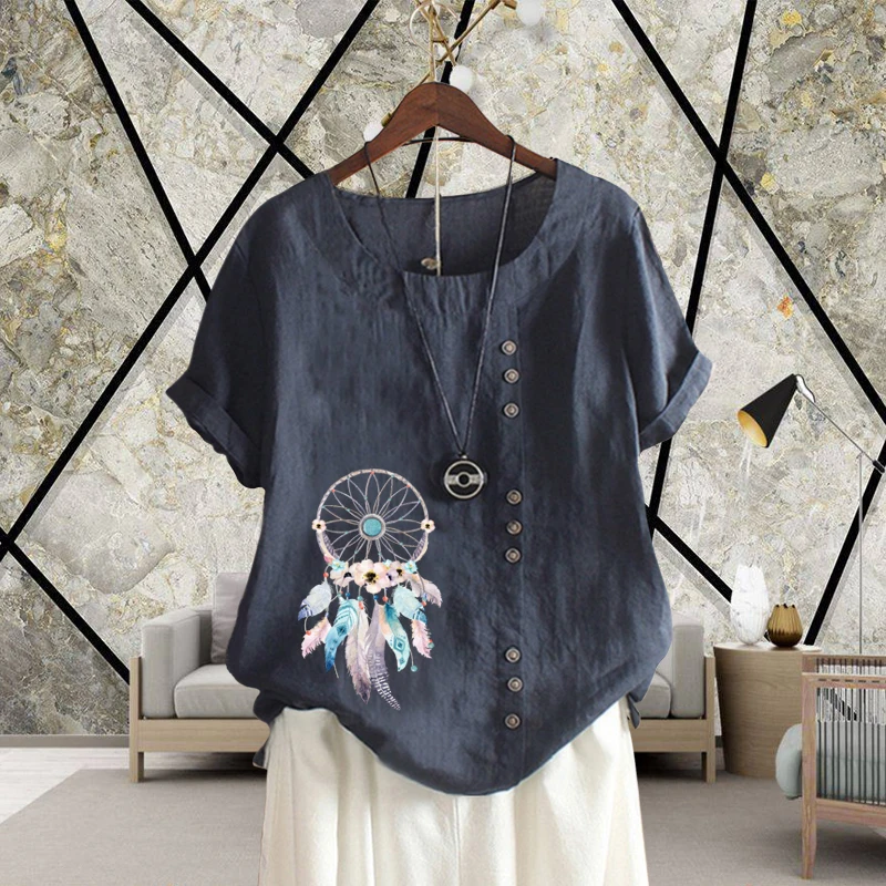 Dreamcatcher Pattern Print Short Sleeve Shirt Women's T Shirt O Neck Top for Lady Casual Cotton Linen Summer Pullover for Lady
Dreamcatcher Pattern Print Short Sleeve Shirt Women's T Shirt O Neck Top for Lady Casual Cotton Linen Summer Pullover for Lady