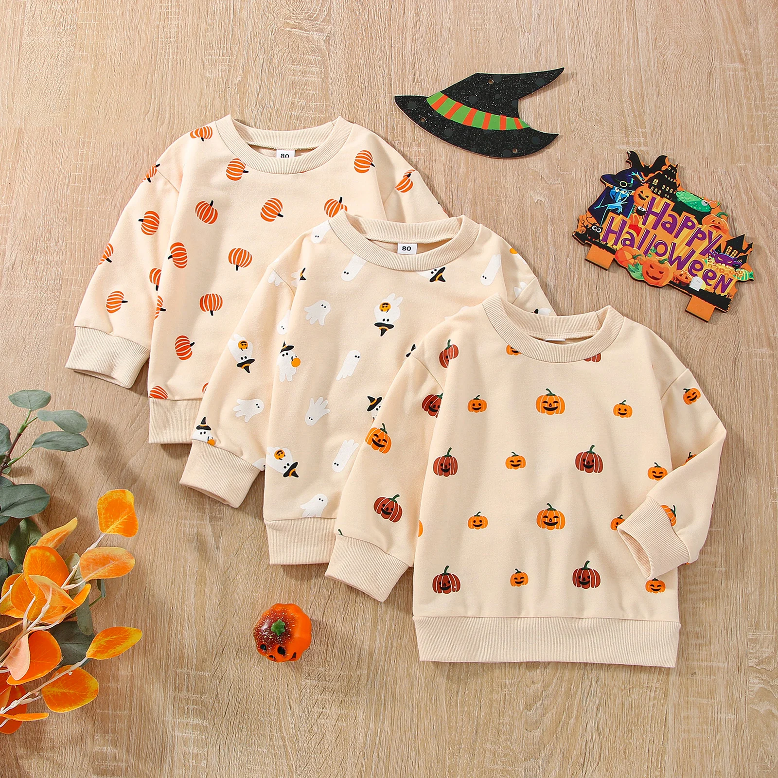 

0-6Y Infant Baby Halloween Sweatshirts Clothes for Kids Boy Girl Long Sleeve Crew Neck Pumpkin/Ghost Print Sweatshirts Clothes