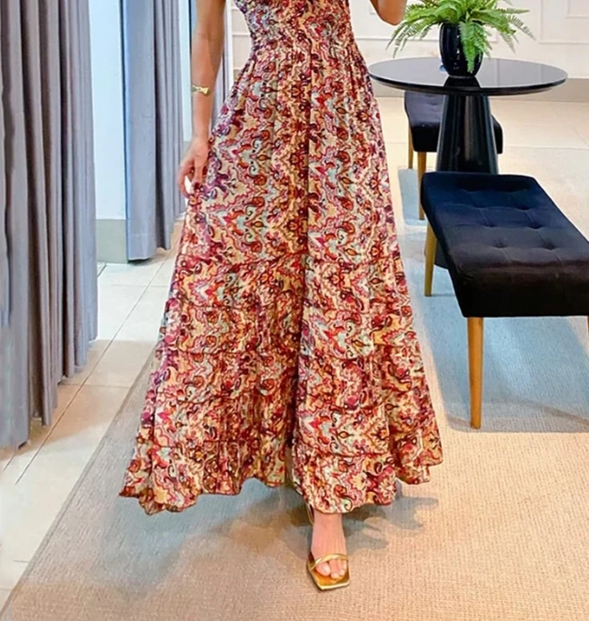 

Women's Colorful Long Skirt V-Neck Short Sleeved Printed Ripple Ruffle Edge Party Dresses High Waist Temperament Style New 2023