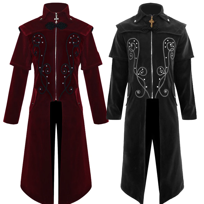 

New Black Men's Medieval Steampunk Coat Castle Devil Red Trench Jacke Vampire TailCoat Cosplay Costume Victorian Nobles Tuxedo