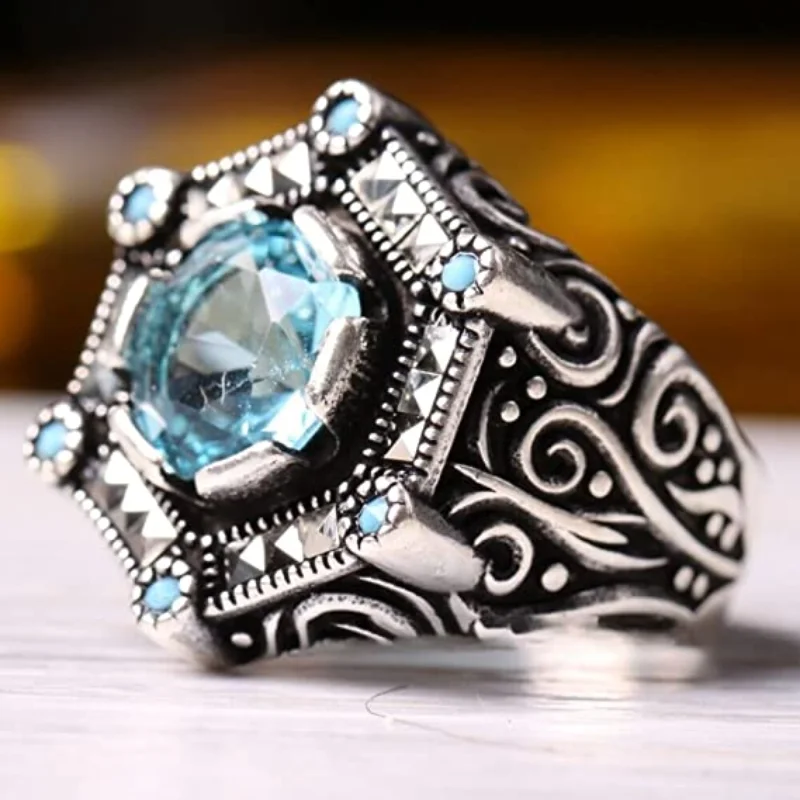 Vintage Turkish Signet Handmade Rings for Men Punk Metal Silver Color Inlaid Sea Blue Zircon Motor Biker Rings
Vintage Turkish Signet Handmade Rings for Men Punk Metal Silver Color Inlaid Sea Blue Zircon Motor Biker Rings
