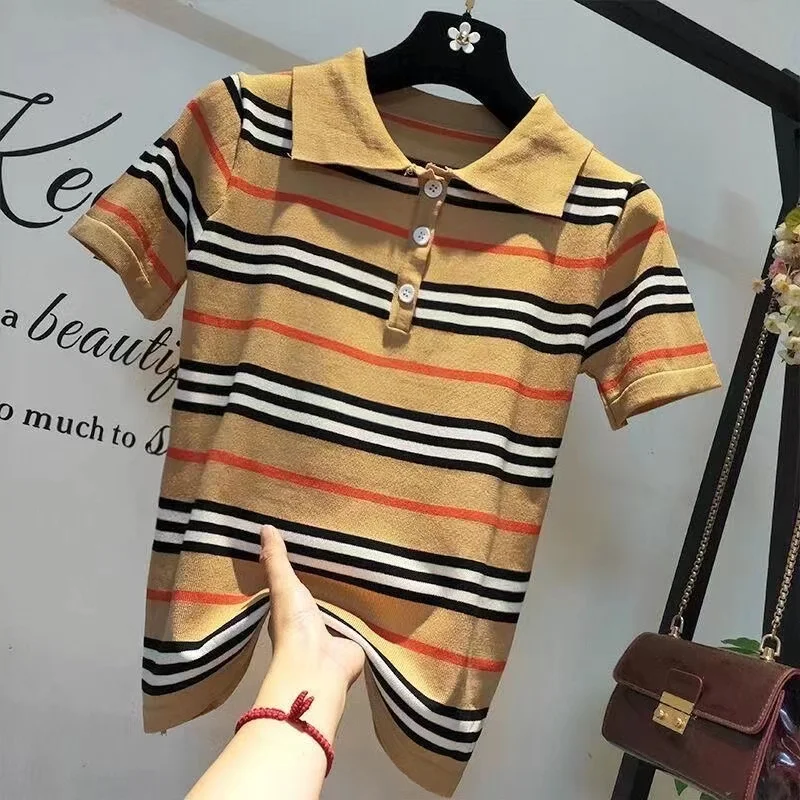 Light luxury 2022 new summer knitted sweater striped short-sleeved polo collar t-shirt ladies top loose half-sleeved thin y2k
Light luxury 2022 new summer knitted sweater striped short-sleeved polo collar t-shirt ladies top loose half-sleeved thin y2k
