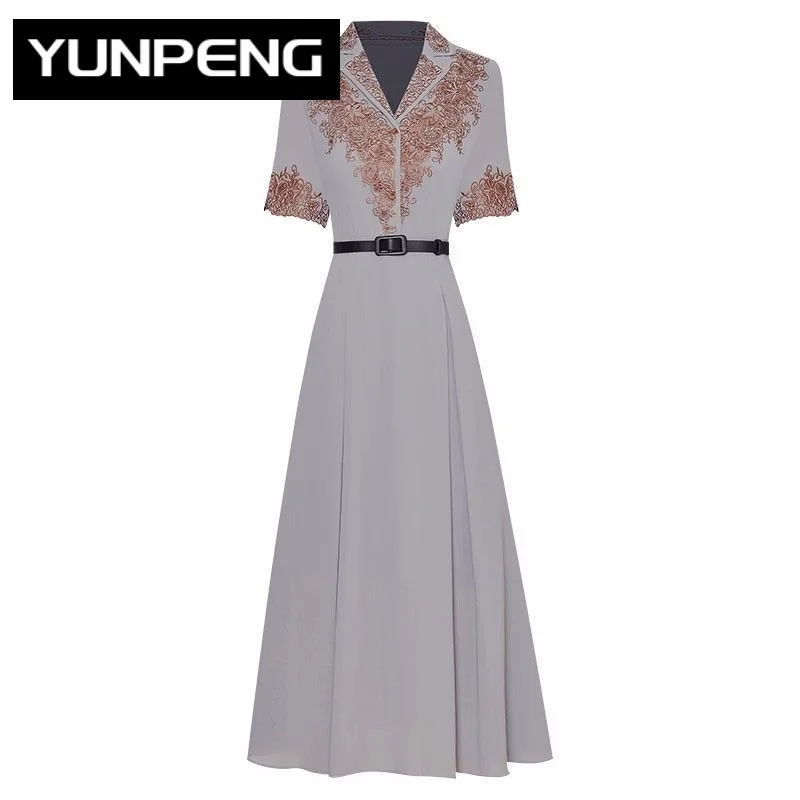Summer Dress Turn-down Collar Short Sleeve Belt Hollow Out Embroidery Vintage Dresses For Women 2023 Runway Luxury Brand Elegant
Summer Dress Turn-down Collar Short Sleeve Belt Hollow Out Embroidery Vintage Dresses For Women 2023 Runway Luxury Brand Elegant