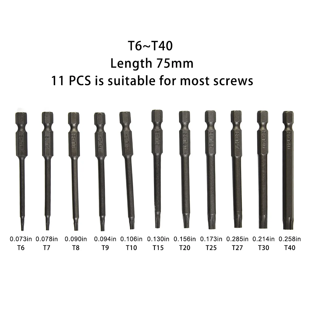 11pcs Torx Screwdriver Bit Set Hex Security Magnetic Head 75MM Extra Long Alloy Steel Durable In Use & Easy To Use
11pcs Torx Screwdriver Bit Set Hex Security Magnetic Head 75MM Extra Long Alloy Steel Durable In Use & Easy To Use