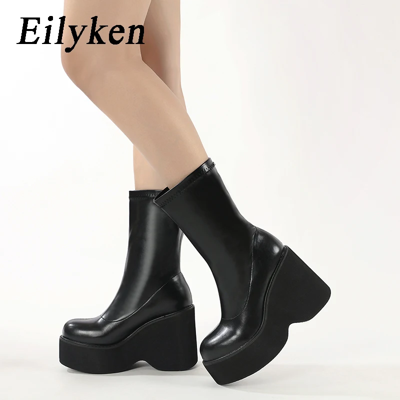 

Eilyken Autumn Winter High Heels Thick Platform Wedges Ankle Boots Women Worker Gothic Ladies Shoes Fashion Botas Mujer