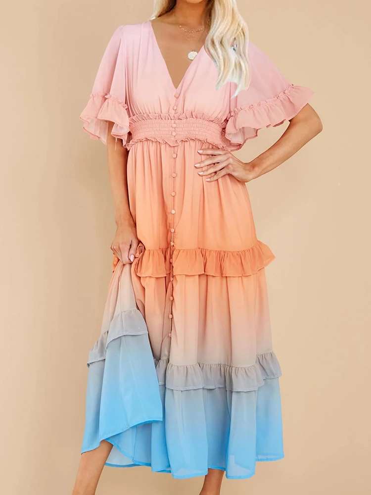 Ladies Fashion Gradient Rainbow Color Dress Elegant V Neck Short Flared Sleeve Button Dresses Retro Loose Cake High Waist Dress
Ladies Fashion Gradient Rainbow Color Dress Elegant V Neck Short Flared Sleeve Button Dresses Retro Loose Cake High Waist Dress