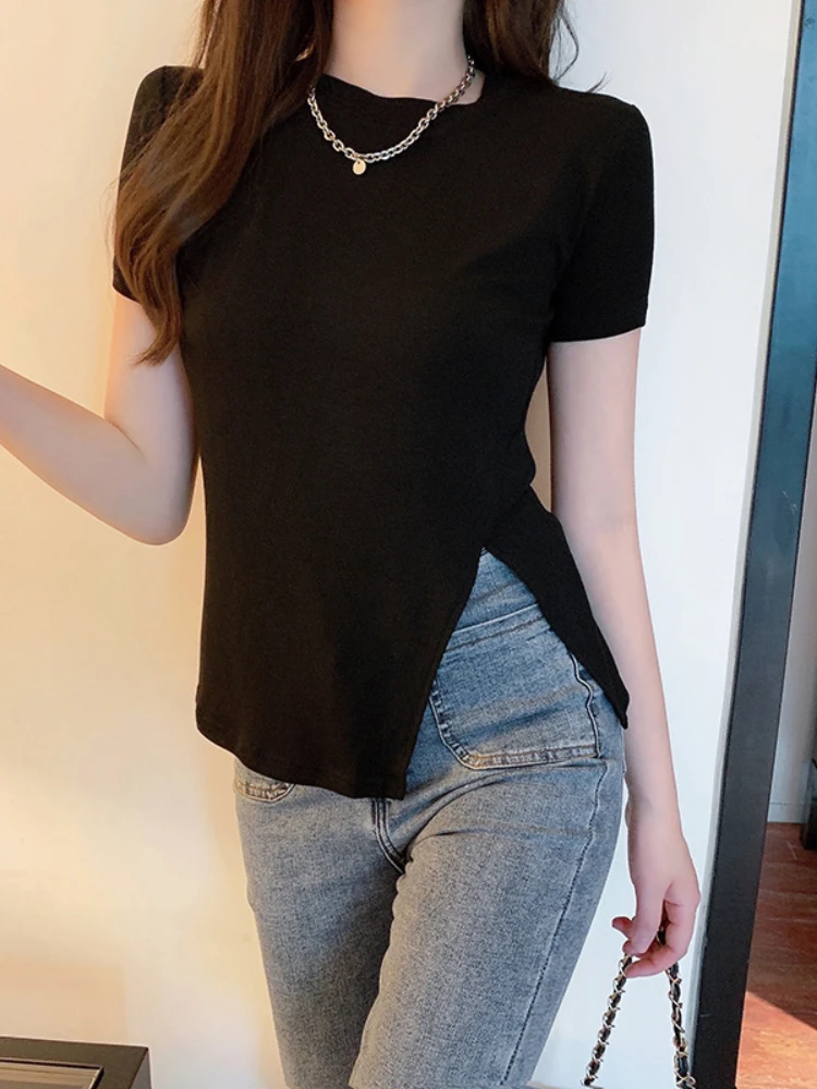Casual Summer Asymmetry T-Shirt for Women O-Neck Solid Polyester Tshirt Short Sleeve Split Tops Tees Y2K 2022 New Fashion
Casual Summer Asymmetry T-Shirt for Women O-Neck Solid Polyester Tshirt Short Sleeve Split Tops Tees Y2K 2022 New Fashion