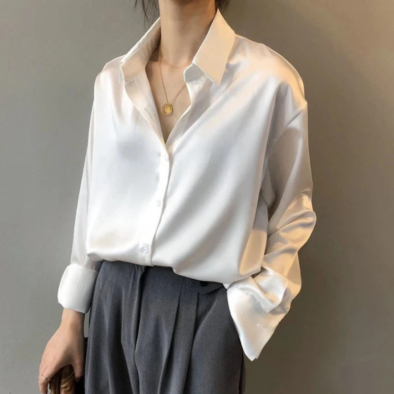 New Korean Elegant Formal Classic Shirts Women Long sleeve White Imitation silk Blouses OL Smooth Satin Lapel Spring Shirts
New Korean Elegant Formal Classic Shirts Women Long sleeve White Imitation silk Blouses OL Smooth Satin Lapel Spring Shirts