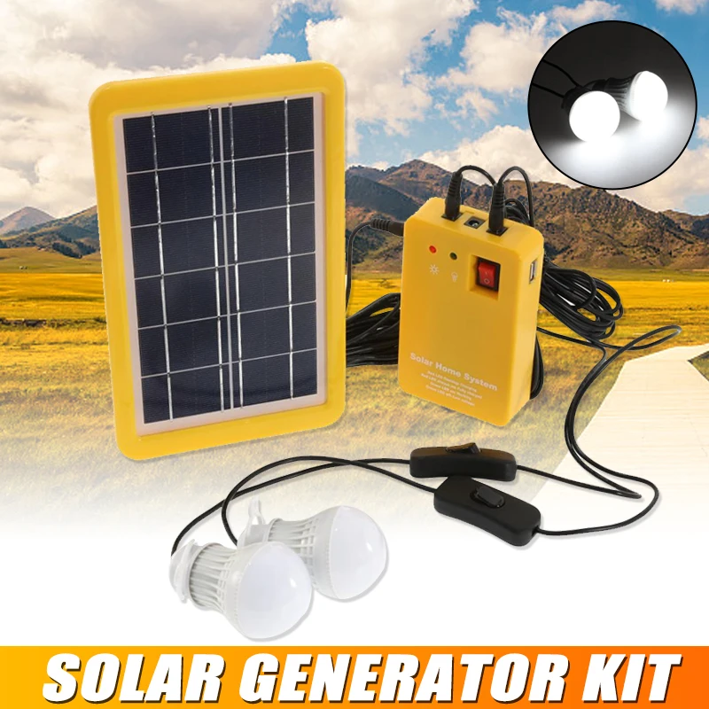 

3W Solar Panel Emergency Light Kit Solar Generator 4 Heads USB Charger Cable with 2 LED Light Bulb for Outdoor Camping