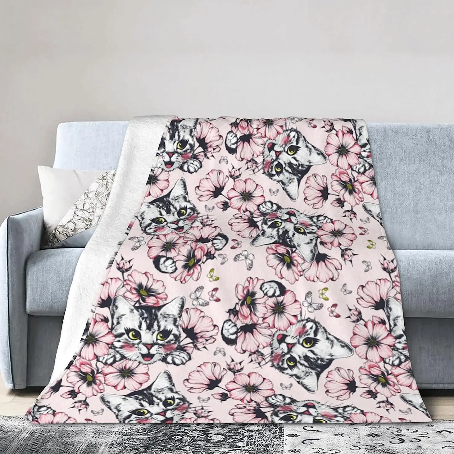 Pink Flowers with Happy Cat Face Blanket Super Soft Light Weight Cozy Warm Fluffy Plush Throw Blanket for Bed Couch
Pink Flowers with Happy Cat Face Blanket Super Soft Light Weight Cozy Warm Fluffy Plush Throw Blanket for Bed Couch