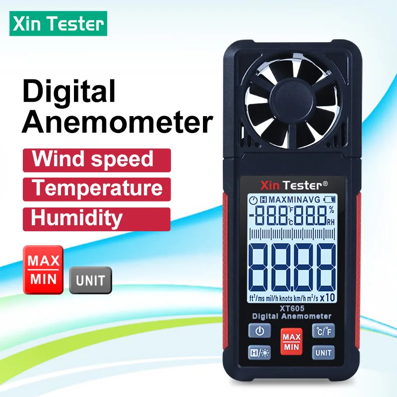 Xin Tester Hand-Held Anemometer Wind Air Velocity Gauge Digital Speed Temperature Tester Humidity Sensor Meter XT605
Xin Tester Hand-Held Anemometer Wind Air Velocity Gauge Digital Speed Temperature Tester Humidity Sensor Meter XT605
