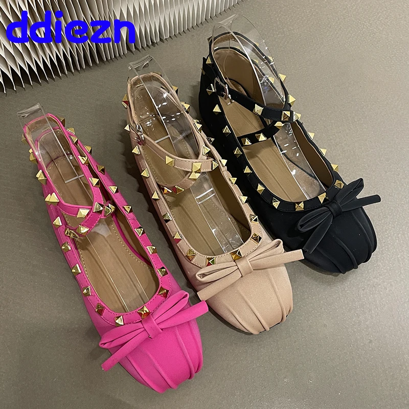 

Fashion Butterfly-Knot Ladies Lolita Designer Shoes Female Round Toe Buckle Women Footwear Rivet Ballet Flats Dance Shoes