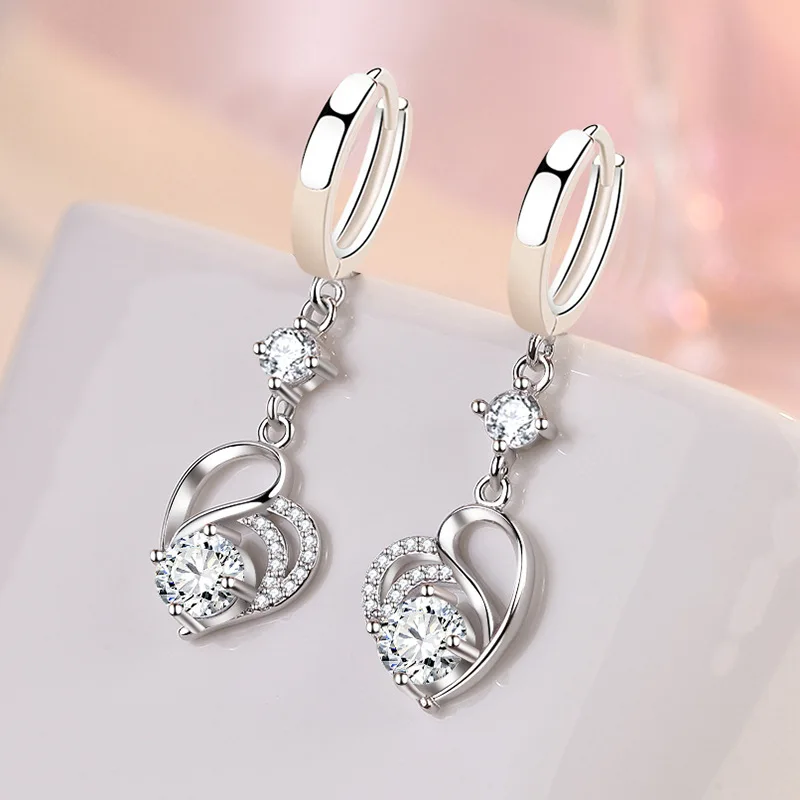 

KOFSAC Women Fashion Crystal Blue White Love Heart Earrings Romantic 925 Sterling Silver Jewelry Girl Valentine's Day Accessorie