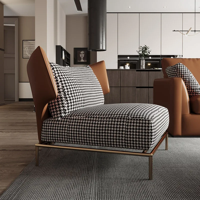 Luxury single person sofa modern simple houndstooth leather with cloth minimalist tiger chair in living room
Luxury single person sofa modern simple houndstooth leather with cloth minimalist tiger chair in living room