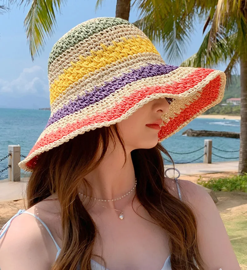 

Шляпа женская Соломенная с широкими полями, элегантная Складная пляжная Панама в стиле пэчворк, Радужная, летняя