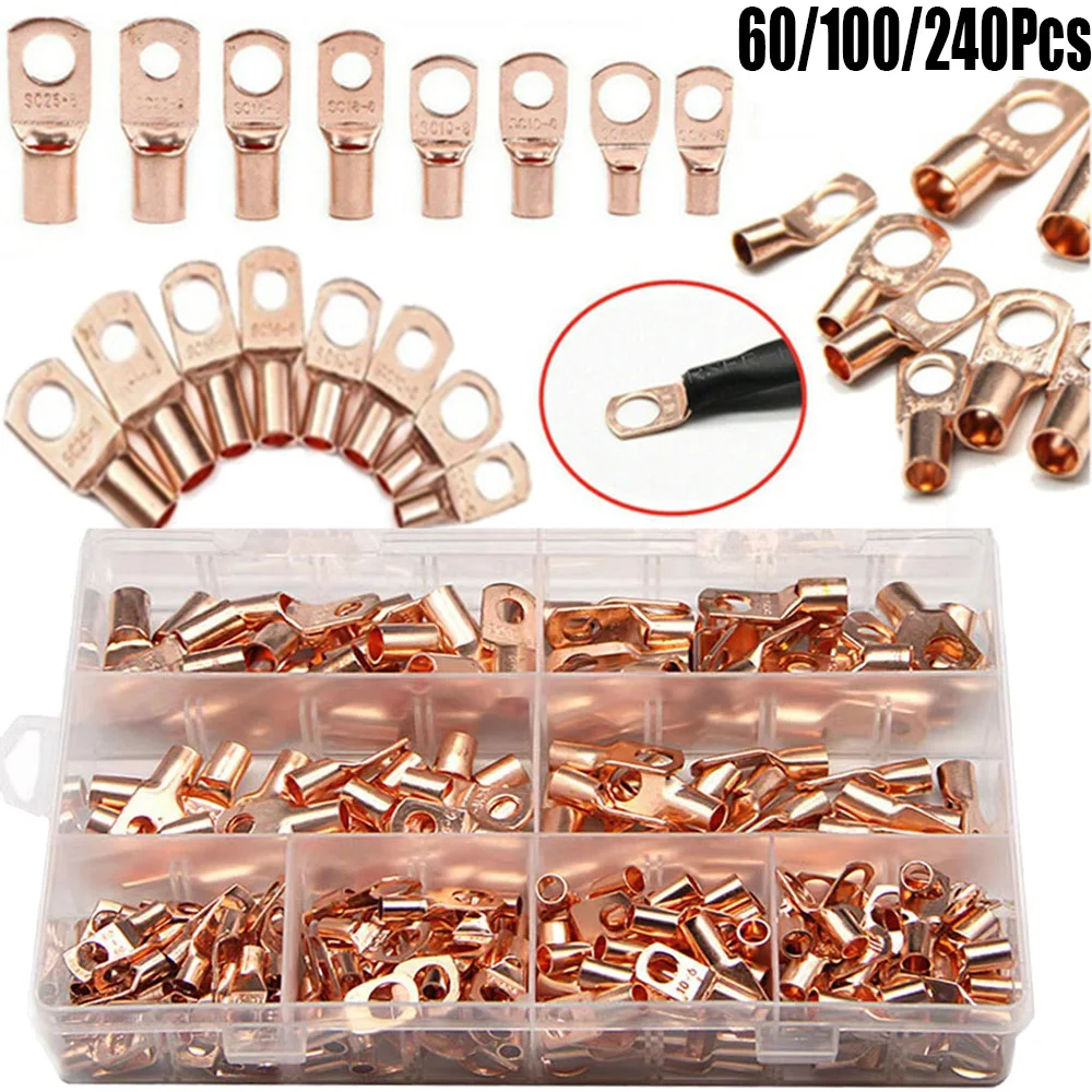 

60/100/240Pcs SC6-25 Bare Terminals lug Tinned Tube Lug Seal Battery Wire Connectors Bare Cable Crimped/Soldered Terminal Kit