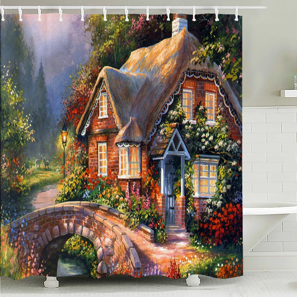 

Fairy Tale Dream Forest Garden Shower Curtain Waterproof Fabric Bathroom Curtains Oil Painting Landscape Bath Screens with Hooks