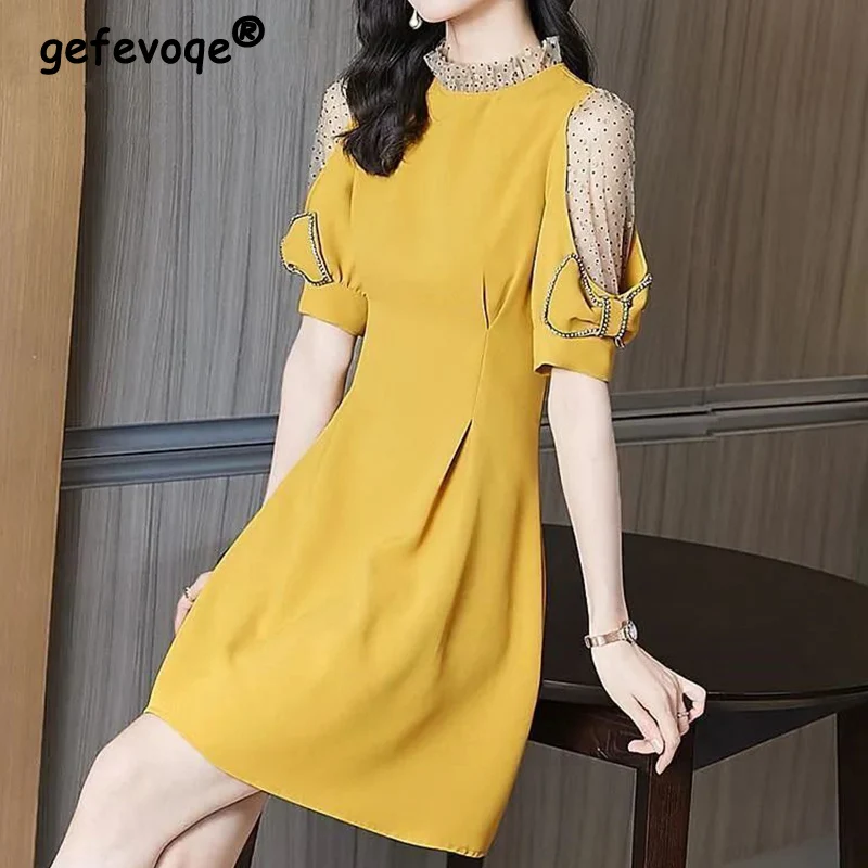 Elegant Hollow Out Mesh Patchwork Bow Zipper Dresses Summer 2022 New Short Lantern Sleeve O-Neck Slim Mini Dress Female Clothing
Elegant Hollow Out Mesh Patchwork Bow Zipper Dresses Summer 2022 New Short Lantern Sleeve O-Neck Slim Mini Dress Female Clothing