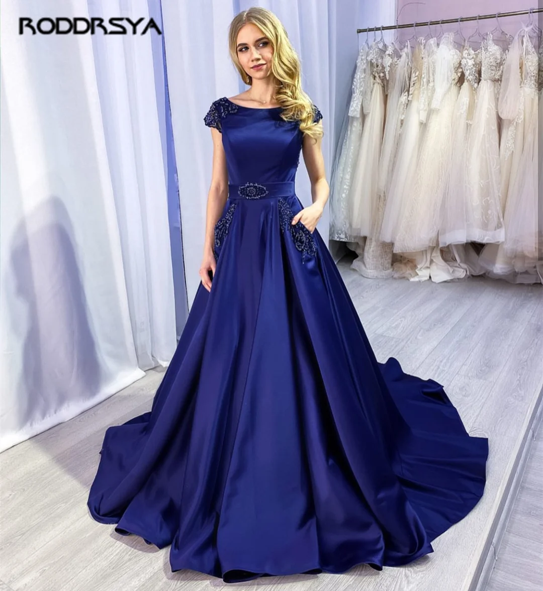Evening Dresses 2022 Royal Blue Crystal Beading A-Line Satin Pocket Formal Gowns Sweep Train Luxury Cap Sleeves Floor Length
Evening Dresses 2022 Royal Blue Crystal Beading A-Line Satin Pocket Formal Gowns Sweep Train Luxury Cap Sleeves Floor Length