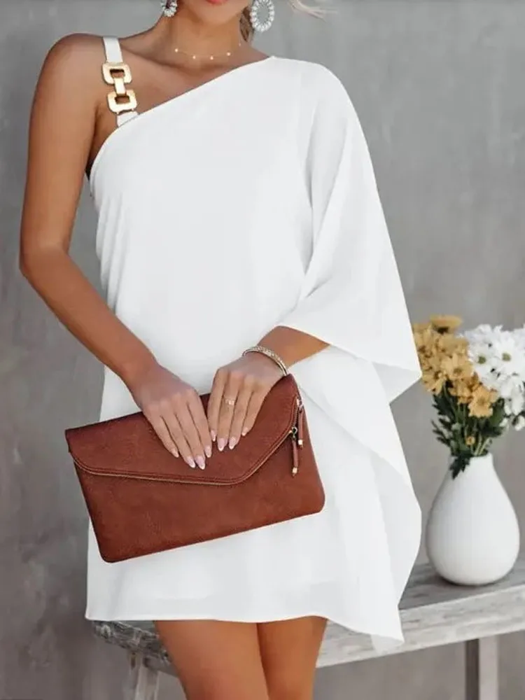 Women Fashion Solid Color Hollow Mini Dress Elegant Diagonal Neck One Shoulder Long Sleeve Dress Lady Summer Casual Loose Dress
Women Fashion Solid Color Hollow Mini Dress Elegant Diagonal Neck One Shoulder Long Sleeve Dress Lady Summer Casual Loose Dress