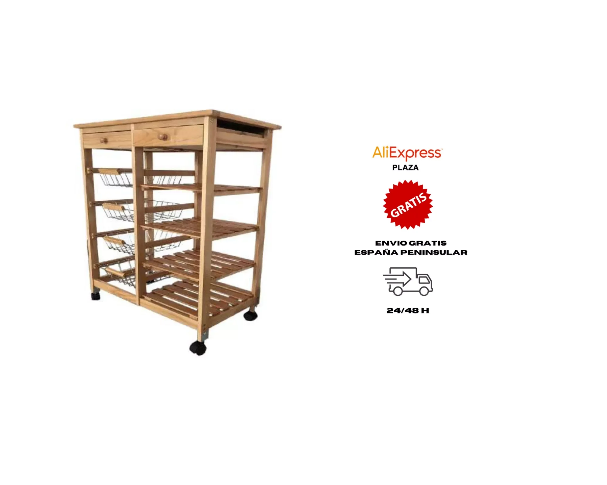 Kitchen trolley double 4 baskets 4 shelves and 2 drawers 85cm high x 67cm wide x 37cm honey background. Kitchen carts. Storage.
Kitchen trolley double 4 baskets 4 shelves and 2 drawers 85cm high x 67cm wide x 37cm honey background. Kitchen carts. Storage.
