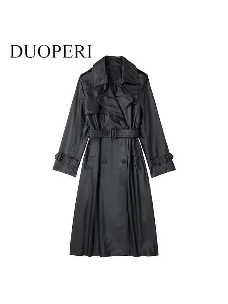 DUOPERI Women Fashion PU Double Breasted Trench Coat With Belt Vintage Long Sleeves Notched Neck Windbreaker Female Outfits
DUOPERI Women Fashion PU Double Breasted Trench Coat With Belt Vintage Long Sleeves Notched Neck Windbreaker Female Outfits