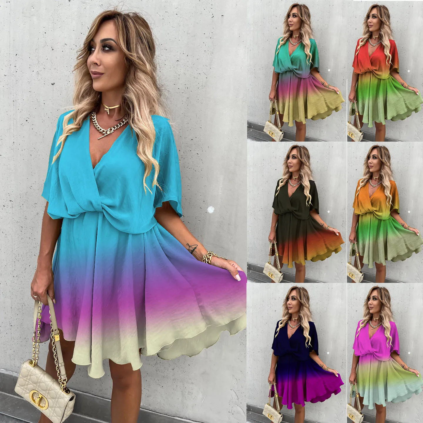 Women V Neck Gradient Fashion Pleated Dress Summer Half Sleeve Beach Loose Casual A-line Long Dresses Female
Women V Neck Gradient Fashion Pleated Dress Summer Half Sleeve Beach Loose Casual A-line Long Dresses Female