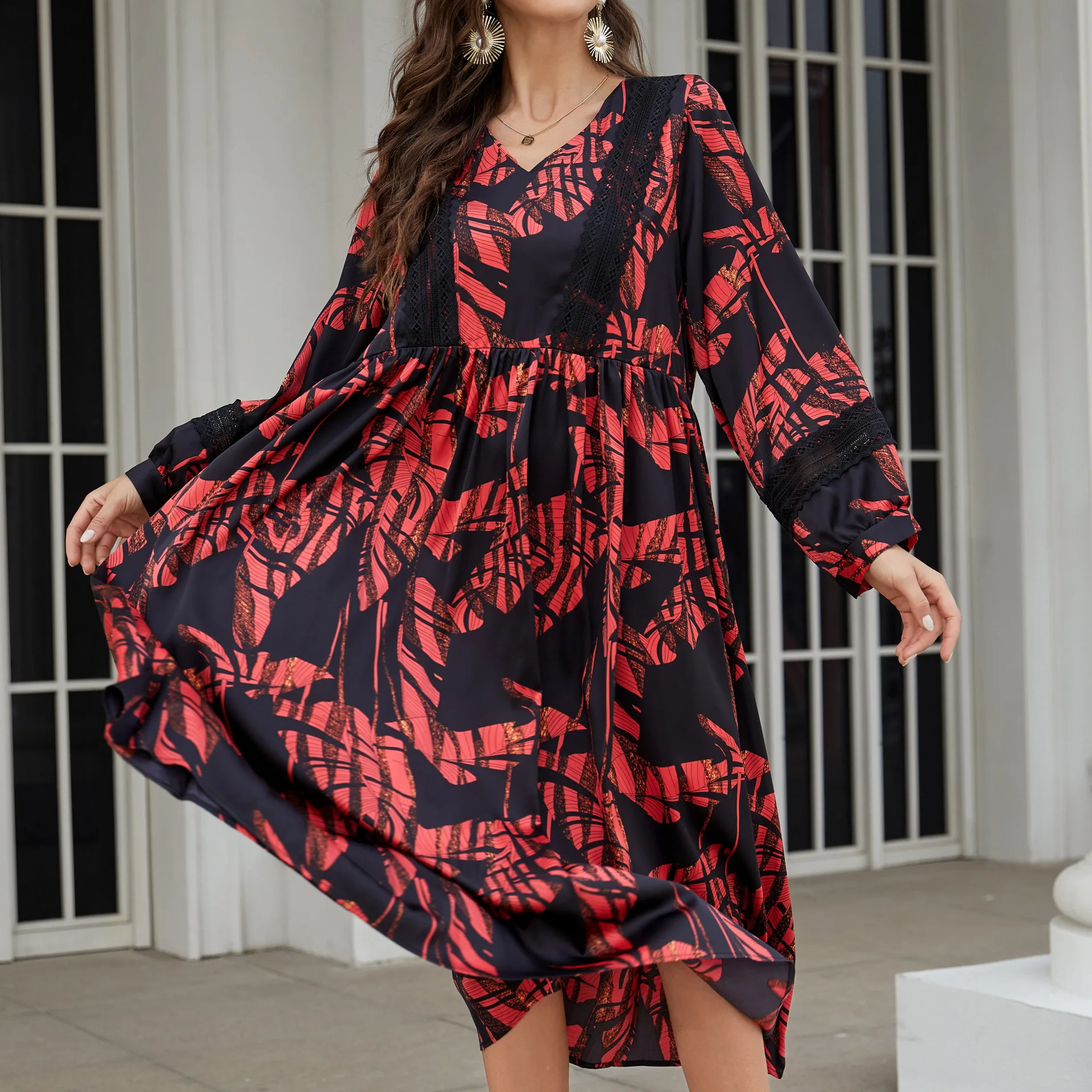 2022 Spring Satin Printed V-neck Loose Full Lace Patchwork Puff Sleeve Pocket Dress Women
2022 Spring Satin Printed V-neck Loose Full Lace Patchwork Puff Sleeve Pocket Dress Women