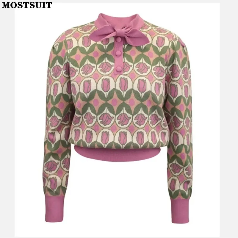 2024 Spring Pink Jacquard Bowtie Knit Sweater Women Pullover Tops Stylish Elegant Fashion Chic Tops Long Sleeve Ladies Jumpers
2024 Spring Pink Jacquard Bowtie Knit Sweater Women Pullover Tops Stylish Elegant Fashion Chic Tops Long Sleeve Ladies Jumpers