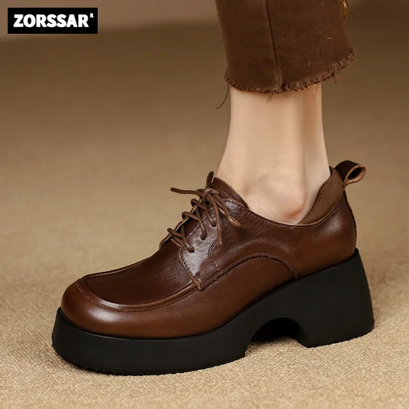 Womens Pumps Natural Cow Leather Fashion Retro Round Toe Lace Up High Heel Loafers Office Ladies Shoes Chunky Heels Single Shoes 
Womens Pumps Natural Cow Leather Fashion Retro Round Toe Lace Up High Heel Loafers Office Ladies Shoes Chunky Heels Single Shoes