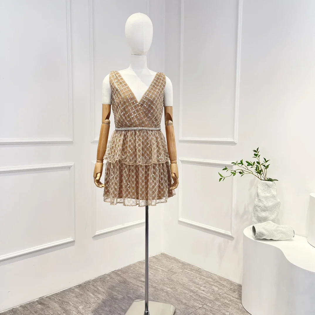 New Women Summer Sequin-topped Grid Mesh Deep V-neck Wrapped Bodice Diamante Belt Peral Decorate Party Evening Mini Dress
New Women Summer Sequin-topped Grid Mesh Deep V-neck Wrapped Bodice Diamante Belt Peral Decorate Party Evening Mini Dress
